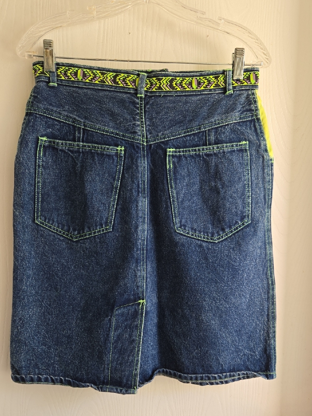 40 | Vintage Denim Skirt US 8/10 Neon Green Stitching Y2K 100% Cotton - Picture 6 of 10